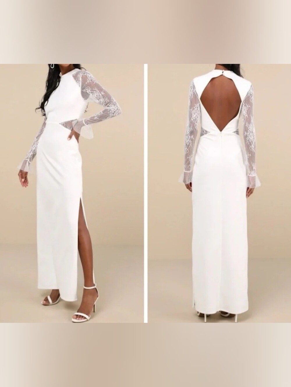 Lulu's White Lace-Sleeve Open-Back Maxi Dress